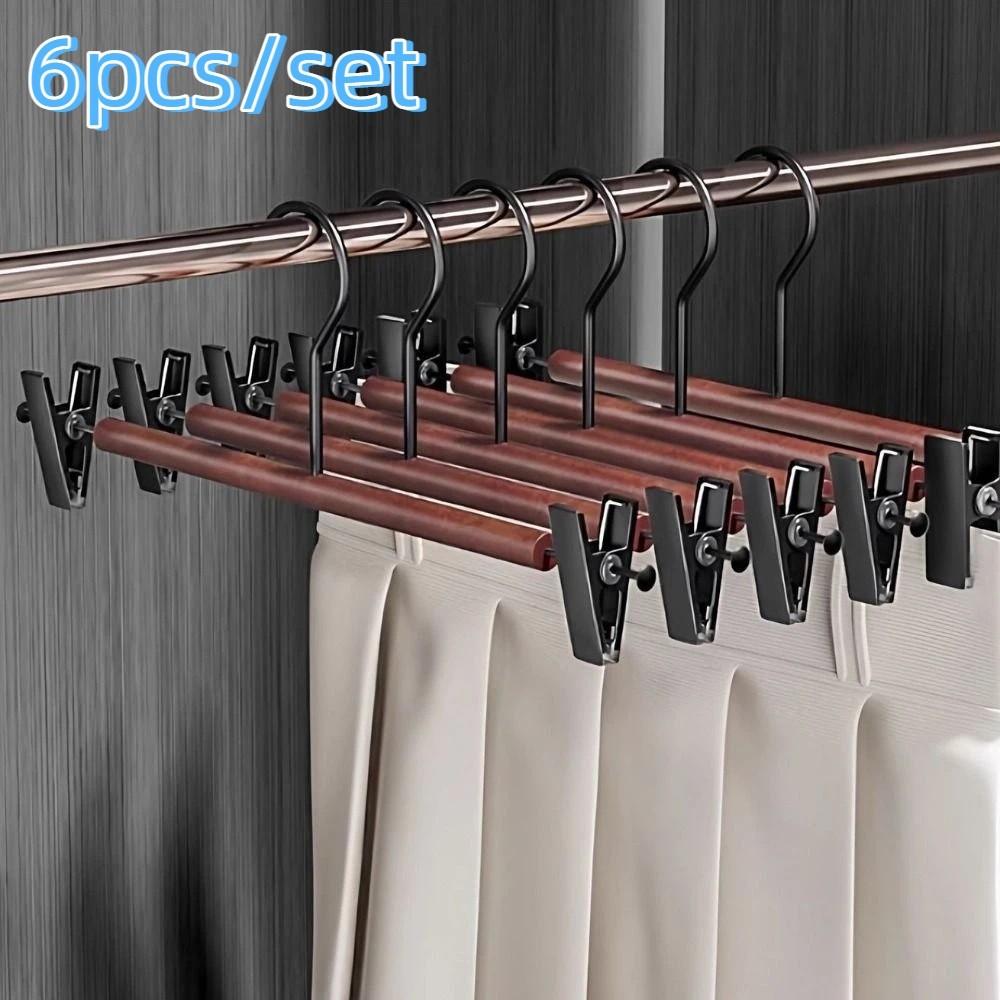 6 Pieces Adjustable Trouser Hangers Anti-slip Clothes Drying Rack Wood Pants Hangers  Closet