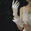 Satin Bride Gloves Short Tulle Wedding Gloves Sheer Wrist Gloves with Bow Faux Pearls for Prom Evening Opera Tea Party