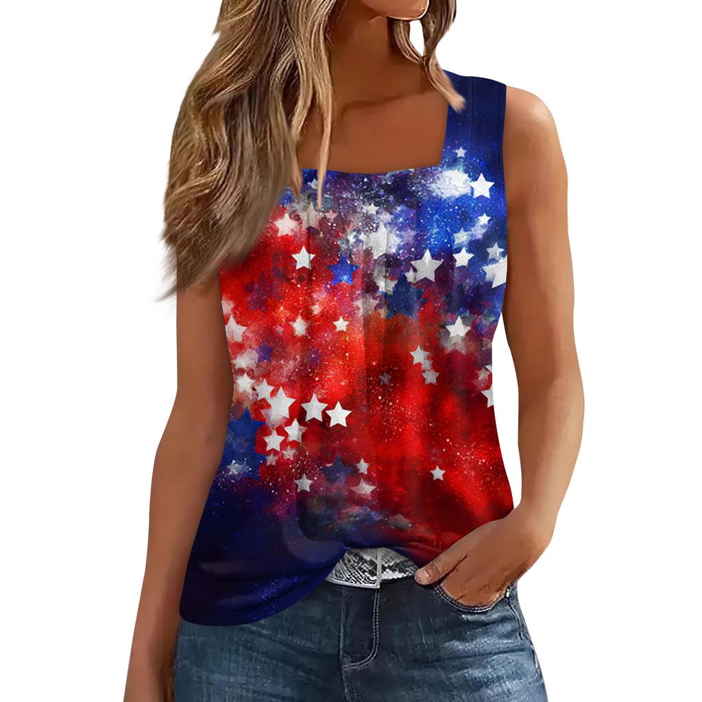 Square Collar Tank Top Women Print Tank Tee Casual Loose Fit Sleeveless Shirt