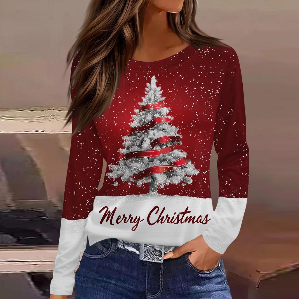Christmas Style Women's 3D Christmas Tree Print Pullover Round Neck Long-sleeved T-shirt Festive Color Casual Top