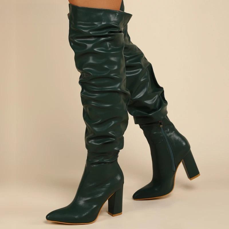 Wintermode Weiß Plissiert Damen Over-the-Knee Stiefel Sexy Spitze Quadratische Absätze Damen Langer Reißverschluss Damenschuhe Größe 35-42