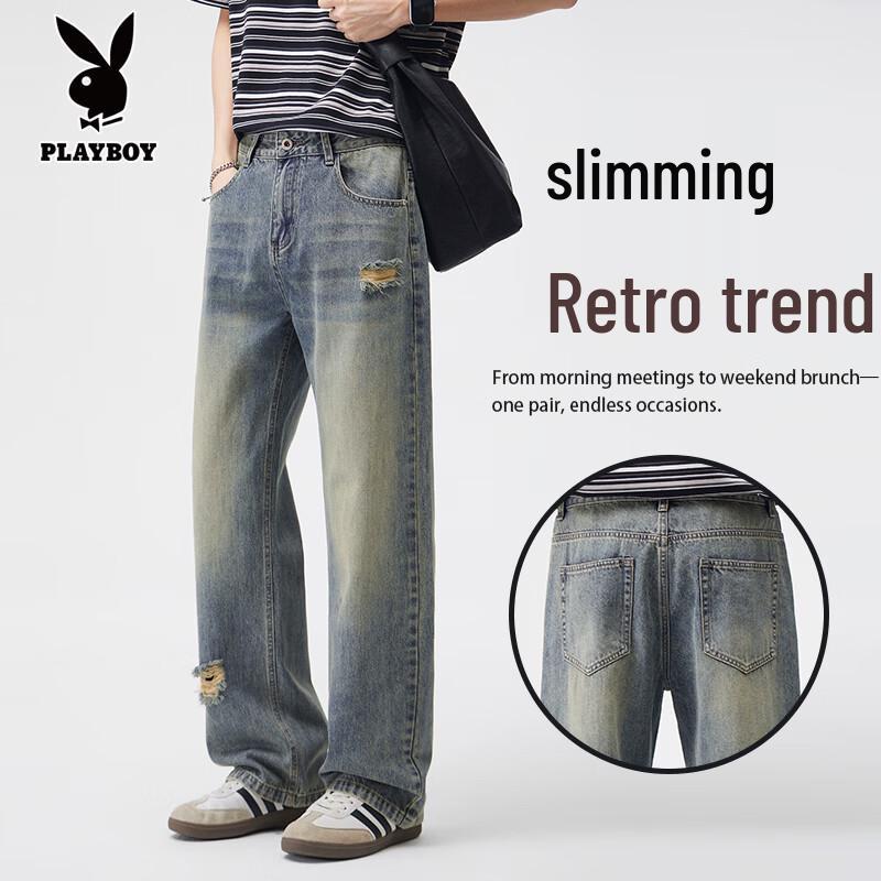 PLAYBOY Men s Distressed Ripped Loose Straight Jeans 34