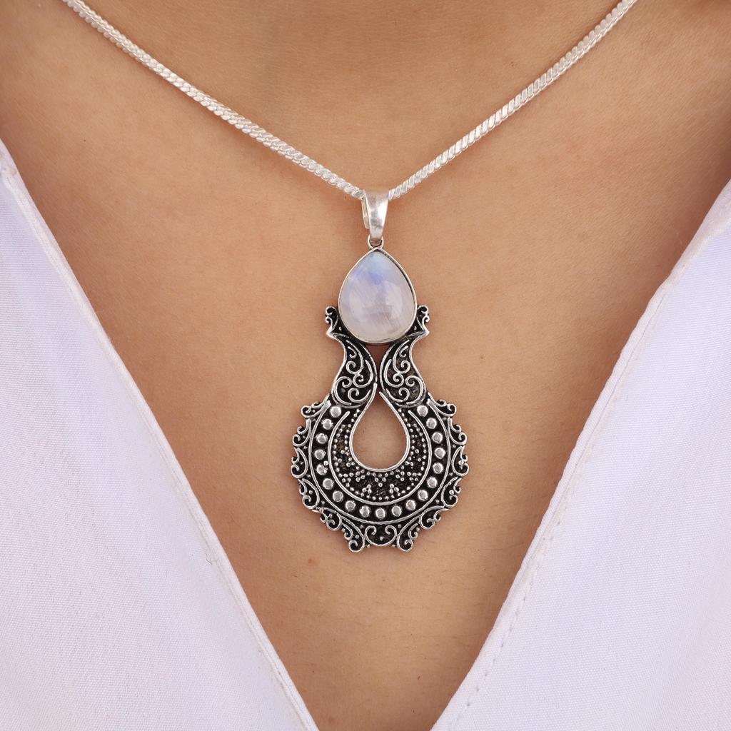 Natural Rainbow Moonstone Gemstone 925 Sterling Silver Oxidize Jewelry Pretty White-Stone Pendant 1.8" For Your Loved Ones CP-45-22
