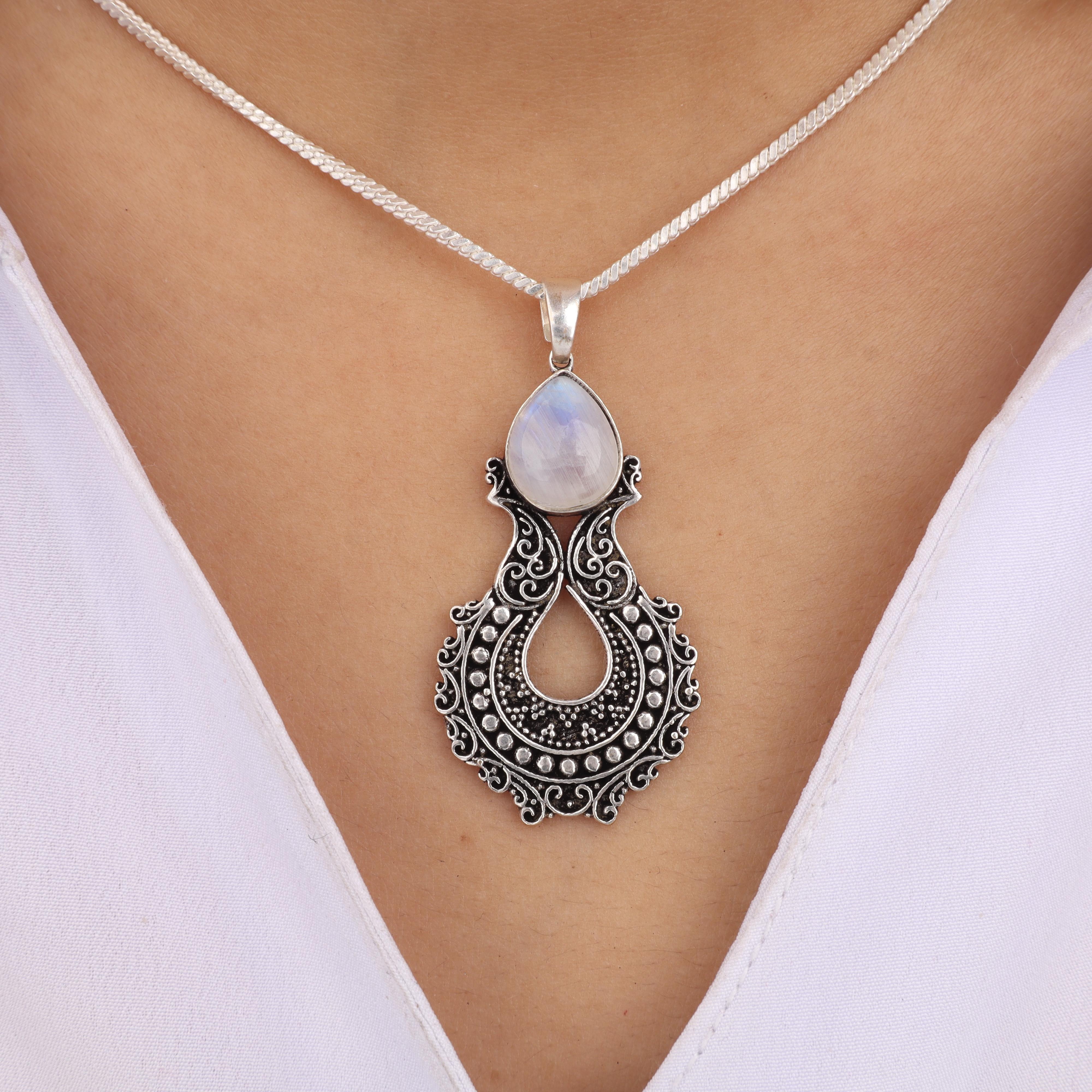 Натуральный камень Радужный Лунный камень 925 пробы Стерлинговое Серебро Окисленное Украшение Красивый Белый Камень Подвеска 1.8  Для Ваших Близких CP-45-22