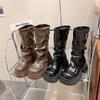 Damenschuhe Herbst Braun Retro Mittelhohe Stiefel Mode Reißverschluss Ritterstiefel Schuhe für Damen Neue Runde Spitze Wasserdichte Stiefel Zapatos