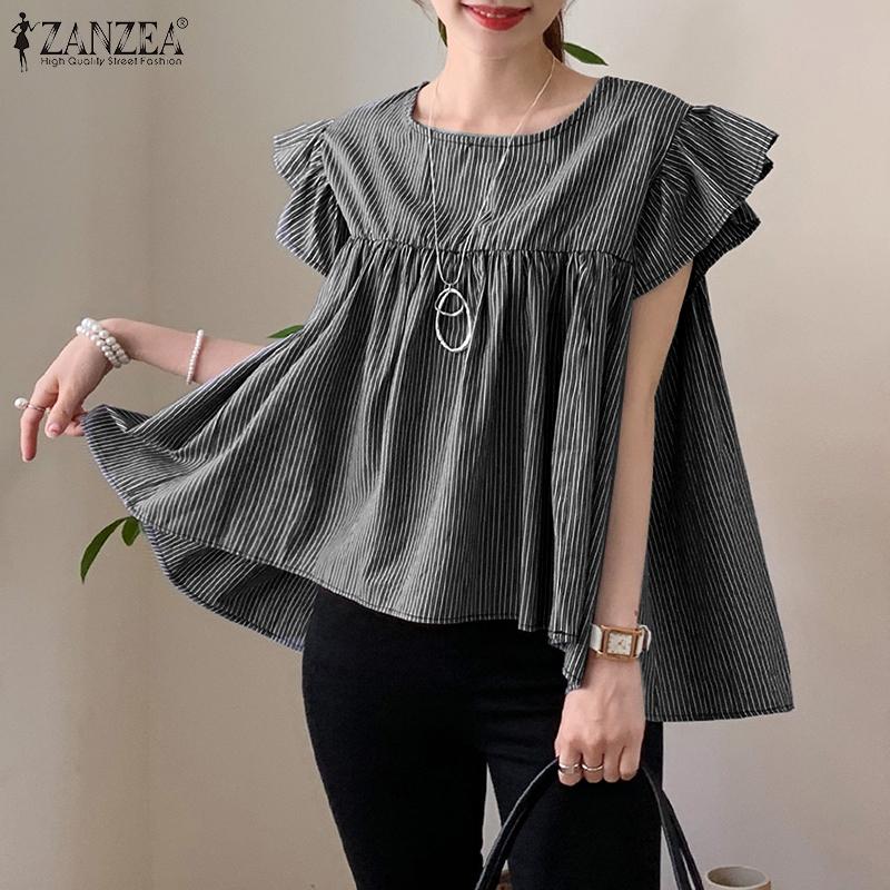 

ZANZEA Женский Повседневный O-образный вырез с коротким рукавом Летняя полосатая блузка