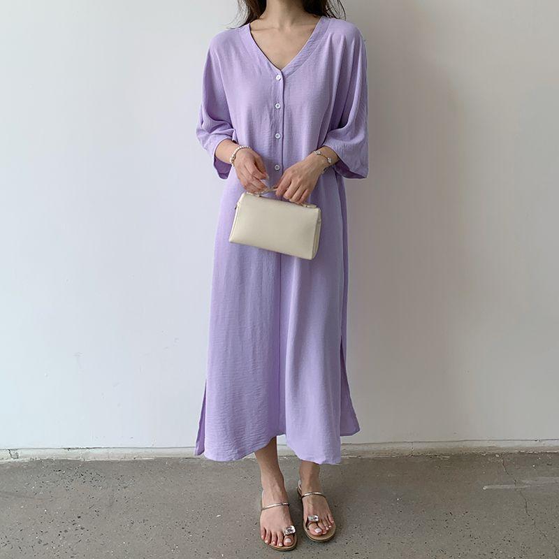 

K-style Fashion Commuter Single Breasted V Neck Pure Color Summer New Arrival Loose Mid Length Long Length Loose Half-Length Sleeve Dress Violet(Figure) One size