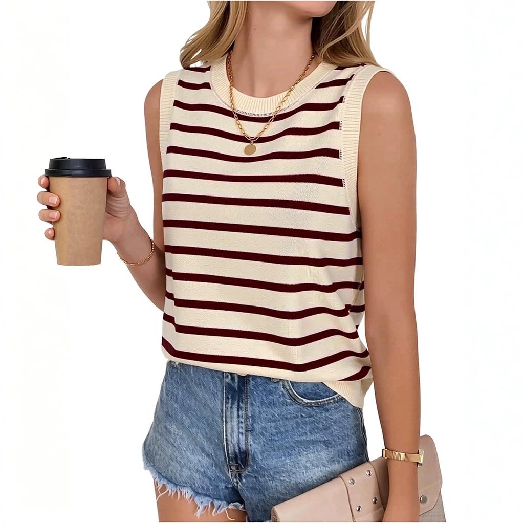 Women Casual Sleeveless Pullover Tank Top Crew Neck Striped Knit Vest Summer Lightweight Comfortable Blouse