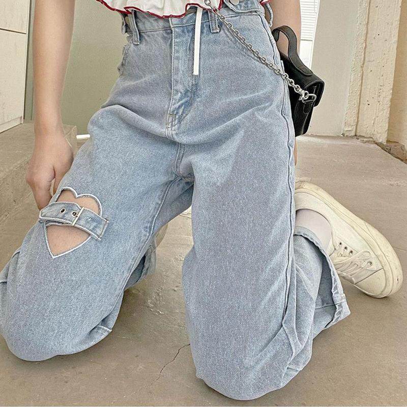 Jeans Kvinner Sommer Hjerte Hollow Out Empire Fashion Denim Mujer Hipster Student Nydelig Minimalistisk Retro Daglig Nye Bukser