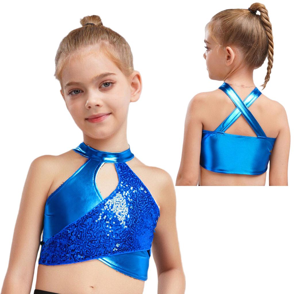 Kids Jazz Dance Wear Sparkly Sequins Metallic Crop Top Cross Keyhole Ballroom Costume