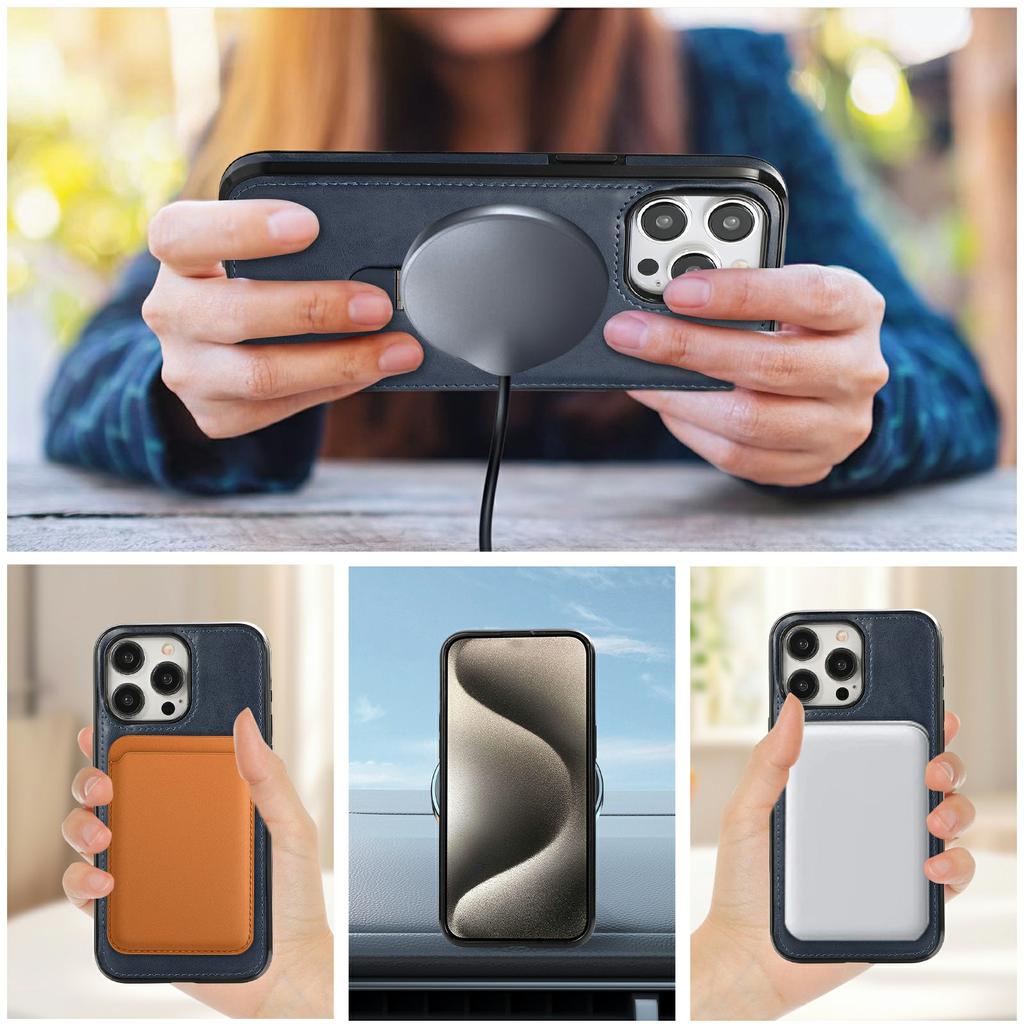 For iPhone 13 Pro Case Magnetic Kickstand PU Leather Coated PC+TPU Phone Cover