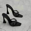 2025 Summer Women's High Heel Sandals Cross Rhinestone Square Head Open Toe Sandals Silk Sexy Stiletto High Heels Mules