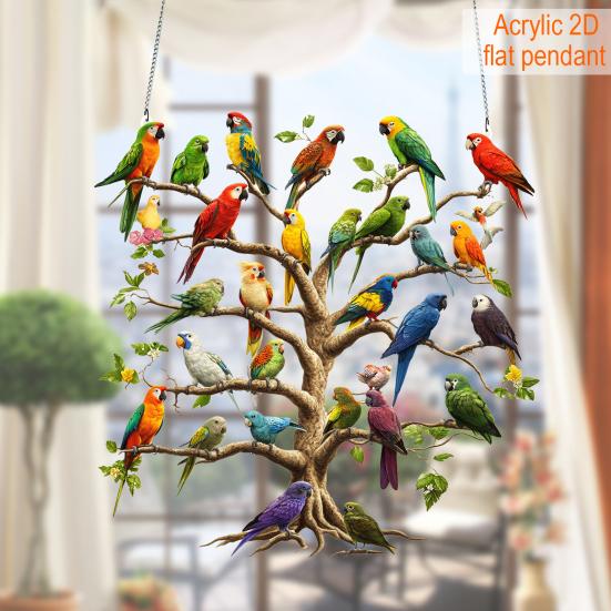 Acrylic Parrot Tree Hanging Decoration 2D Flat Colorful Parrot Indoor Outdoor Christmas Tree Wall Window Hanging Bird Sign Ornament