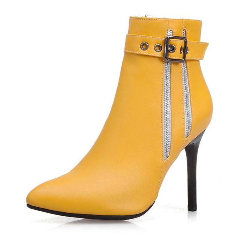 Womens Pointed Toe Stiletto Ankle Boots Side Zip Belt Buckle Short Winter Fashion Plus Size 34-50