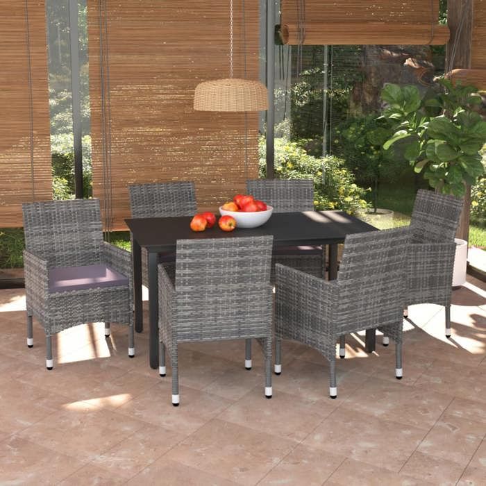 Salon de jardin - MAISON EXCLUSIVE - Ensemble 7 pièces - Résine tressée gris - Coussins rembourrés - Table verre