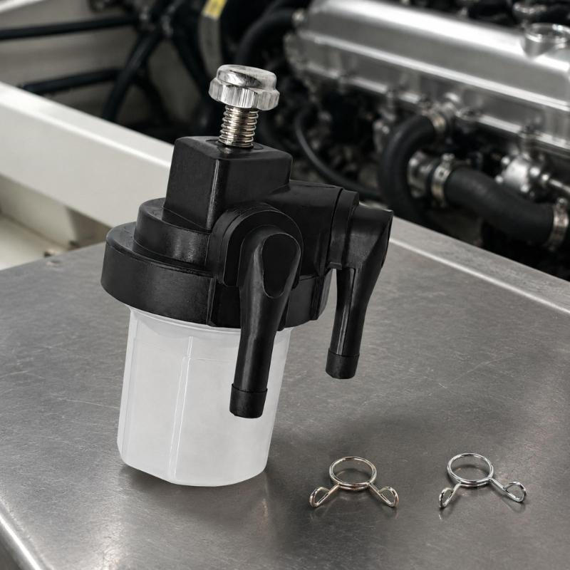 Boat Fuel System Filter Assembly With Clear Bowl, Two Hose Connections and Mounting Fastener for 9.9-90HP Routine Marine Engine Service Work Tasks