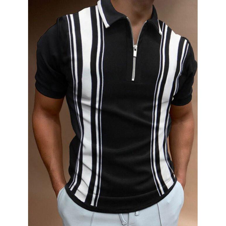 Men's Summer Short Sleeve Shirts Striped Print Zipper Lapel Collar T Shirt Fashion Patchwork Men Tops