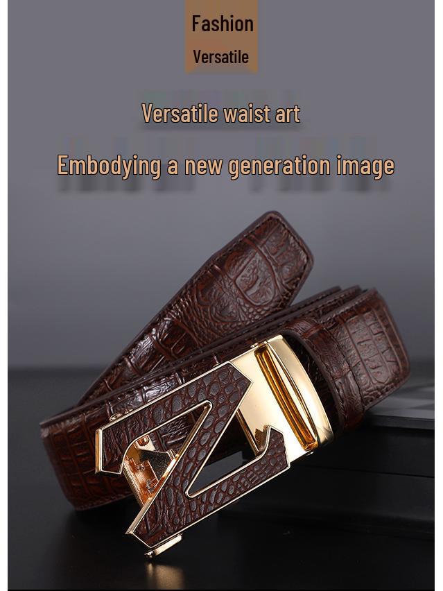 Men's Crocodile Pattern Leather Belt with Automatic Buckle - Fashionable, Versatile, and Casual Waist Accessory for Trousers
