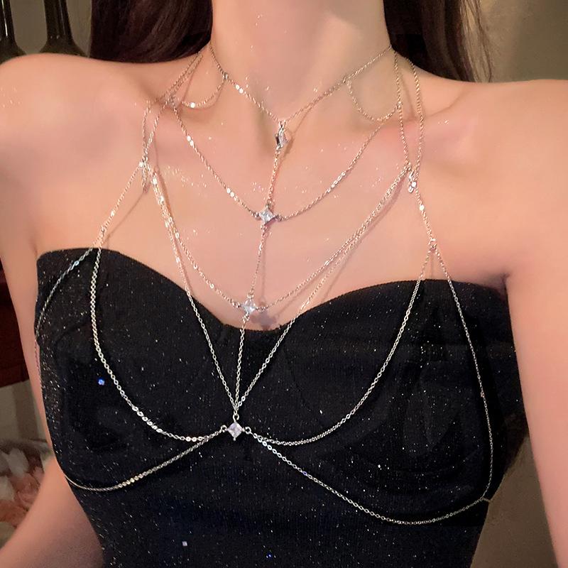 Fashion Square Zircon Chest Chain for Women Personalized Sexy Multi Layer Chain Tassel Body Chain Beach Bikini Jewelry Gift
