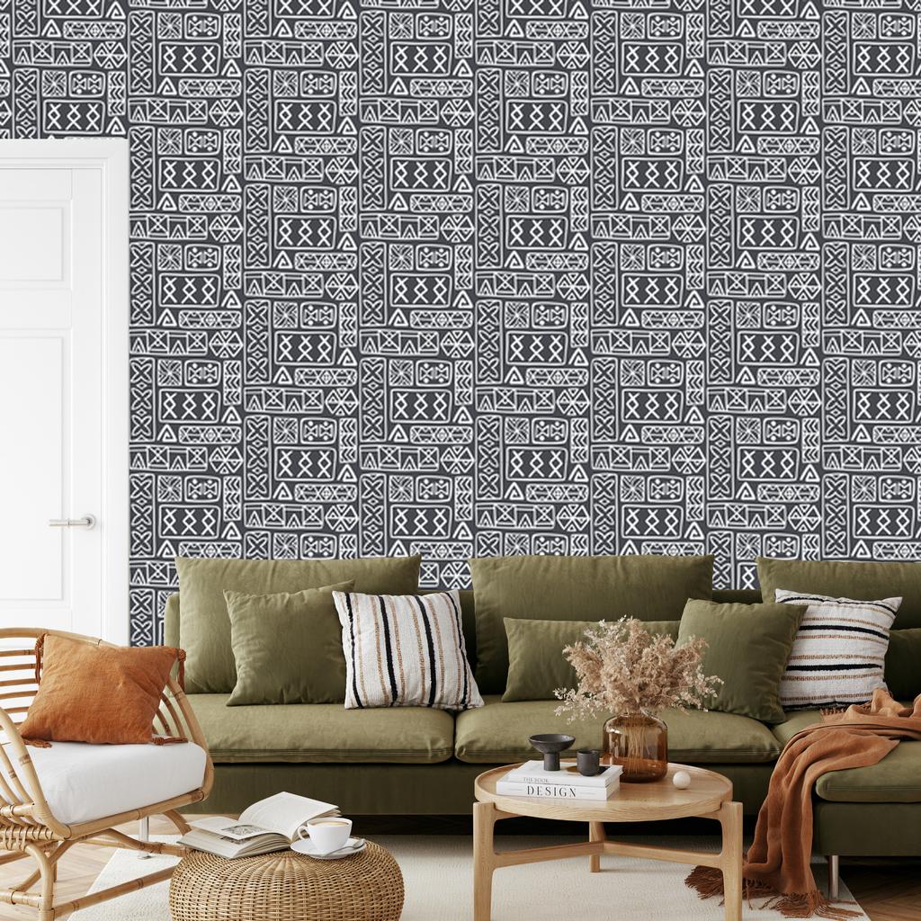 Polynesian Geometric Pattern Wallpaper Gray and Graphite 50x1000