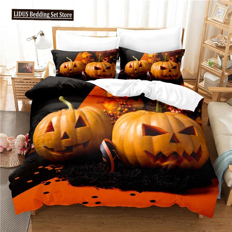 Halloween Duvet Cover Set Pumpkin Lantern Pattern Comforter Cover King Queen Size For Kids Boys Girls Gift Polyester Bedding Set