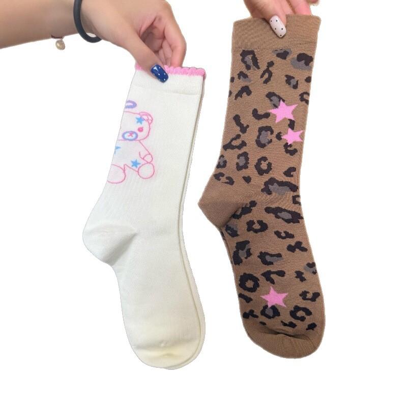Brown Retro Trend Leopard Print Socks Women'S Medium Tube Autumn And Winter Korean Versatile Bow Pure Cotton Calf Stacking Socks