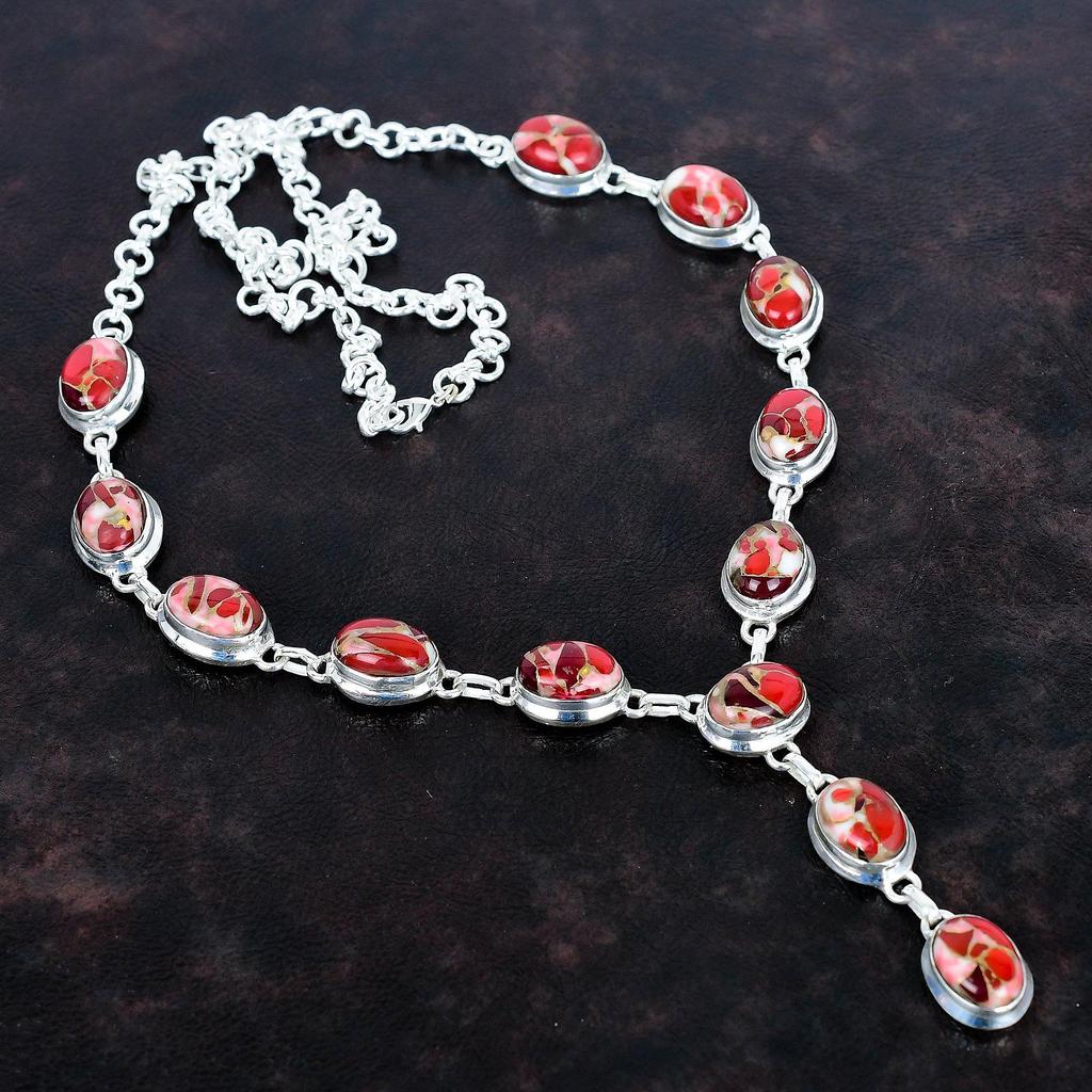 Kingman Red Mohave Copper Turquoise Necklace 925 Sterling Silver Necklace Gemstone Adjustable Chain Necklace Handmade Jewelry Gifts for Wife