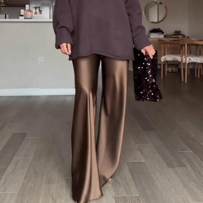 Fashion Satin Silk Wide Leg Dress Pants for Women Low Rise Baggy Pants Y2K Holiday Party Long Flowy Trousers