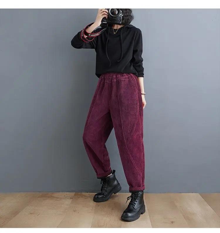 Pantaloni Harem in Velluto a Coste Viola Ispessiti Foderati in Pile da Donna per Donne di Mezza Età Stile Invernale Pantaloni Peonia della Mamma