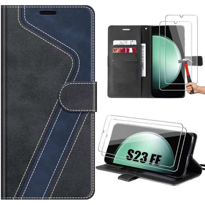 Coque pour Samsung Galaxy S23 FE - BOOLING - Protection Folio en Simili Cuir avec Poche à Cartes - Noir - 2 Verres Trempés