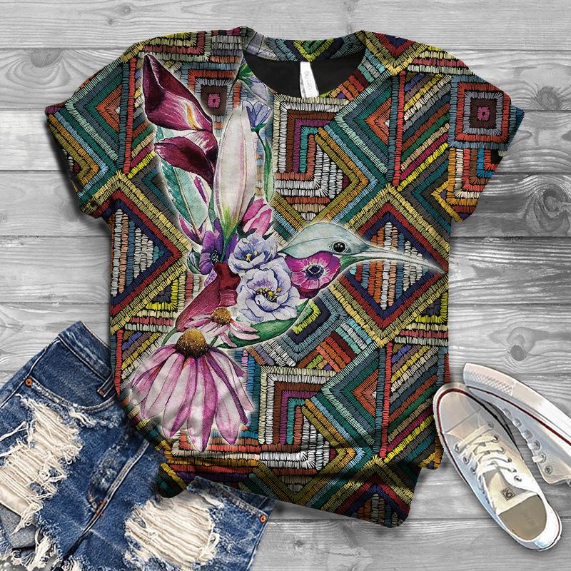 Summer New Urban Women's Casual Round Neck 3D Printed Short Sleeved Loose Retro T-shirt