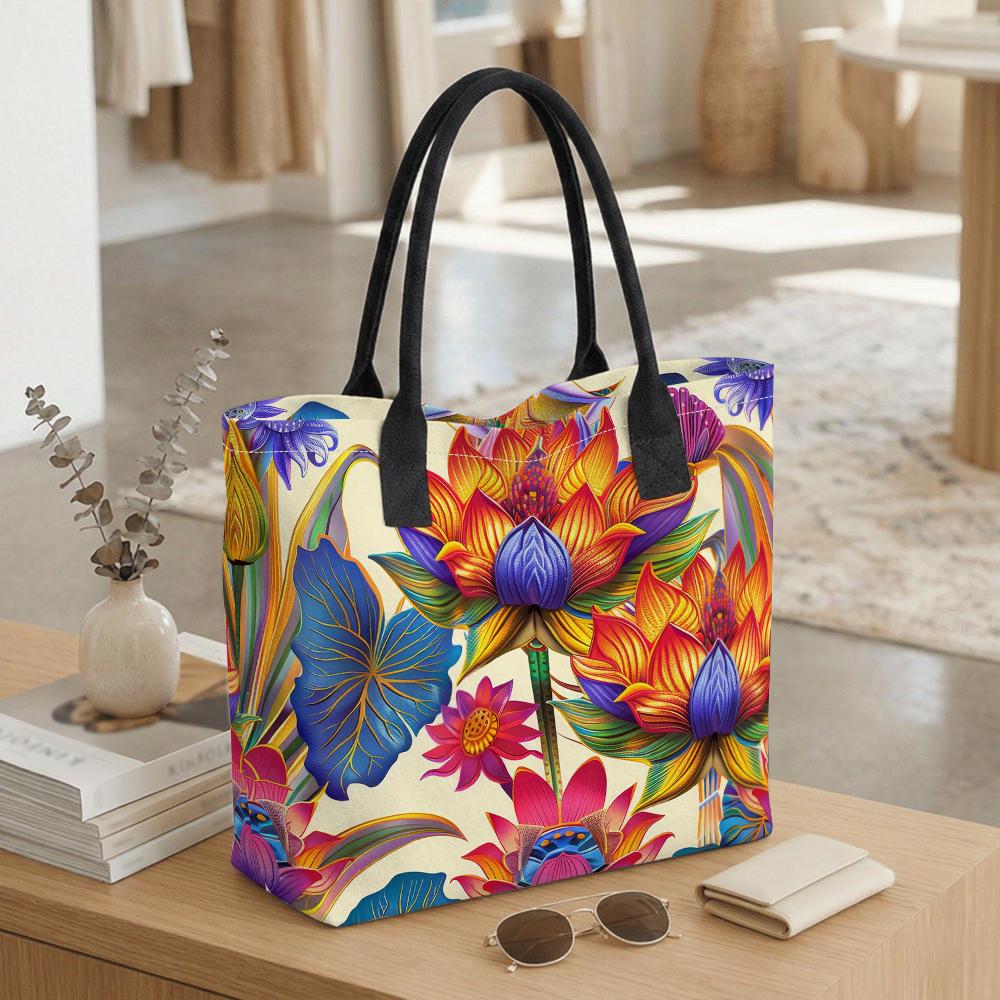 Colorful Lotus Print Tote Bag Casual Large Capacity Canvas Shoulder Bag for Daily Use