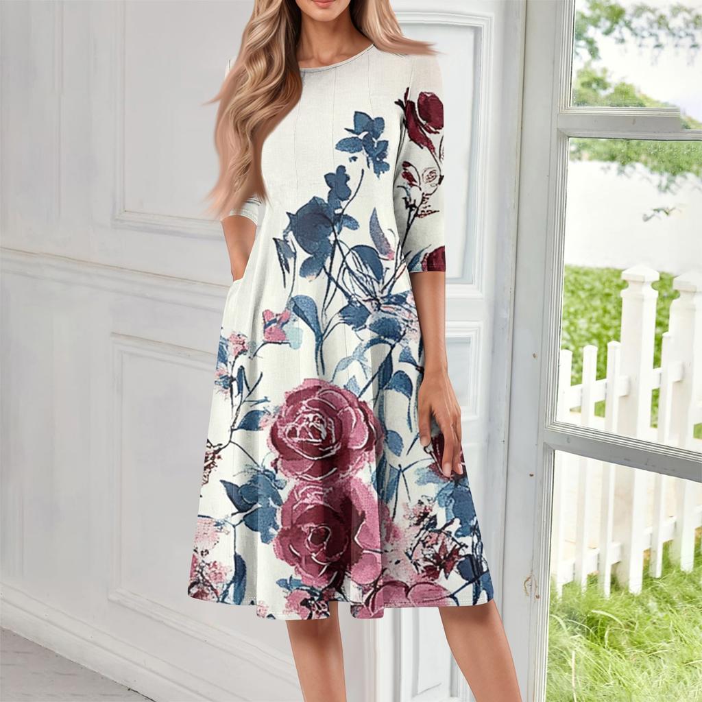 Rochie midi ocazională, cu mâneci trei sferturi, cu gât rotund, cu imprimeu