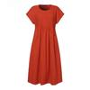 Women's Plus Size Cotton Linen Summer Dress Short Sleeve Round Neck Solid Color Pleated Pocket S-5XL
