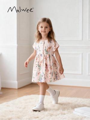 Malwee Girls' Summer Short-Sleeve Cute Print Dress - Round Neck Princess Style for Kids