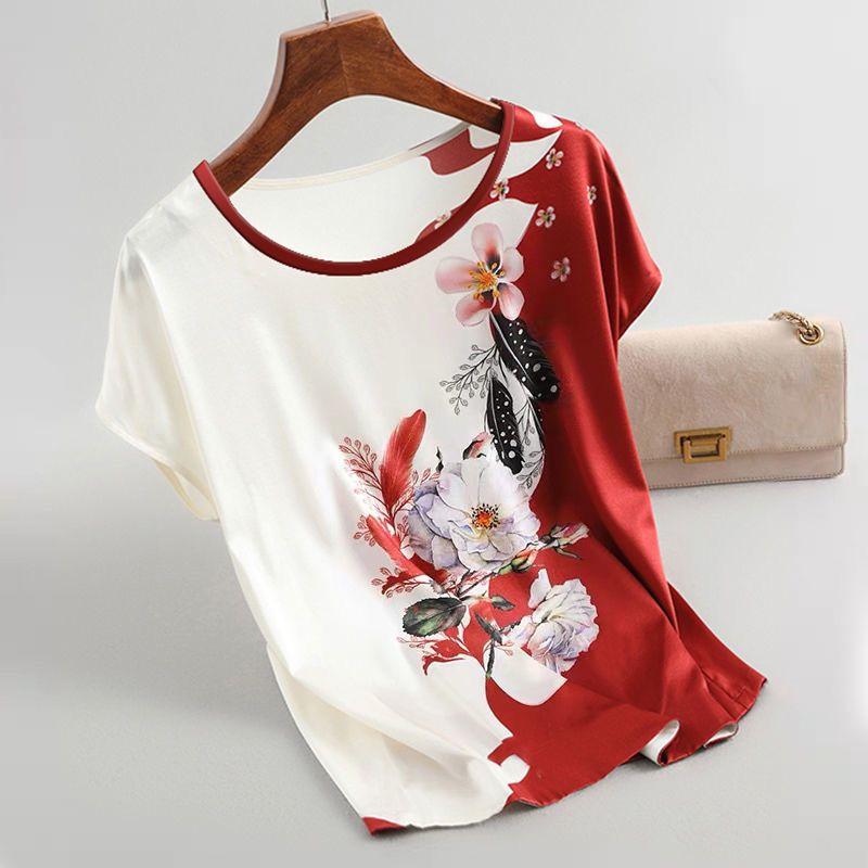 New Women Silk Satin Blouses Plus Size Batwing Sleeve Vintage Print Floral Blouse Ladies Casual Short Sleeve Tops