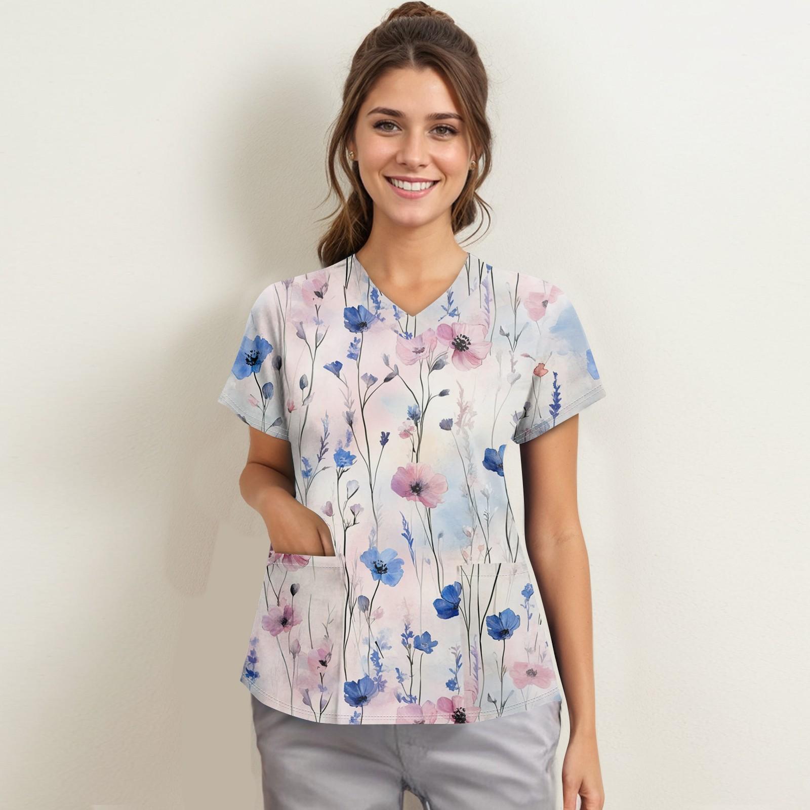 

Жіночий модний робочий одяг з V-подібним вирізом і короткими рукавами з принтованими кишенями XXL