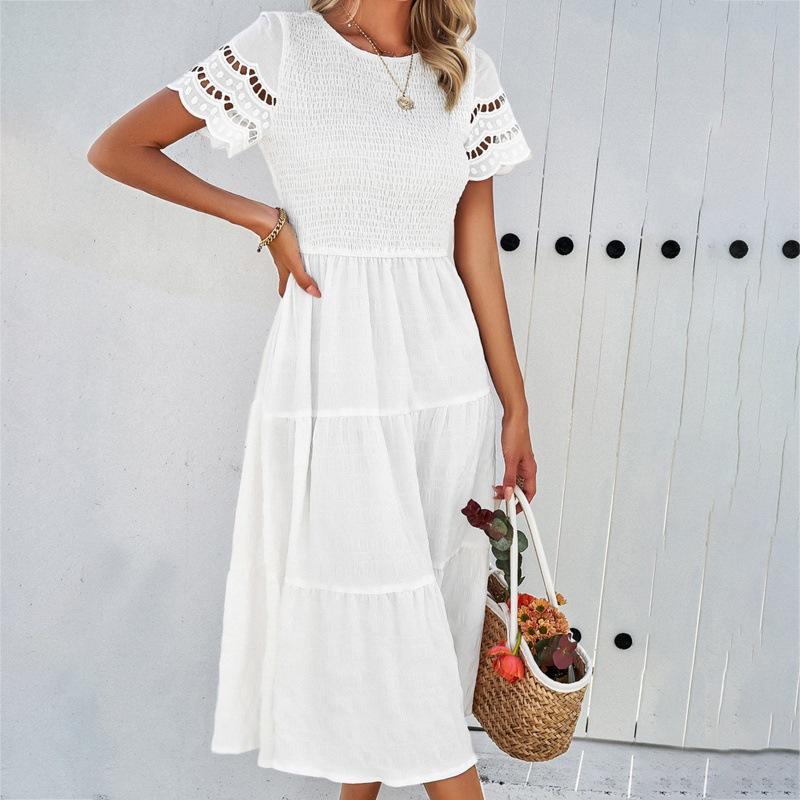 Women's Spring and Summer Temperament Solid Color Short-sleeved Hollowed Out Dresses