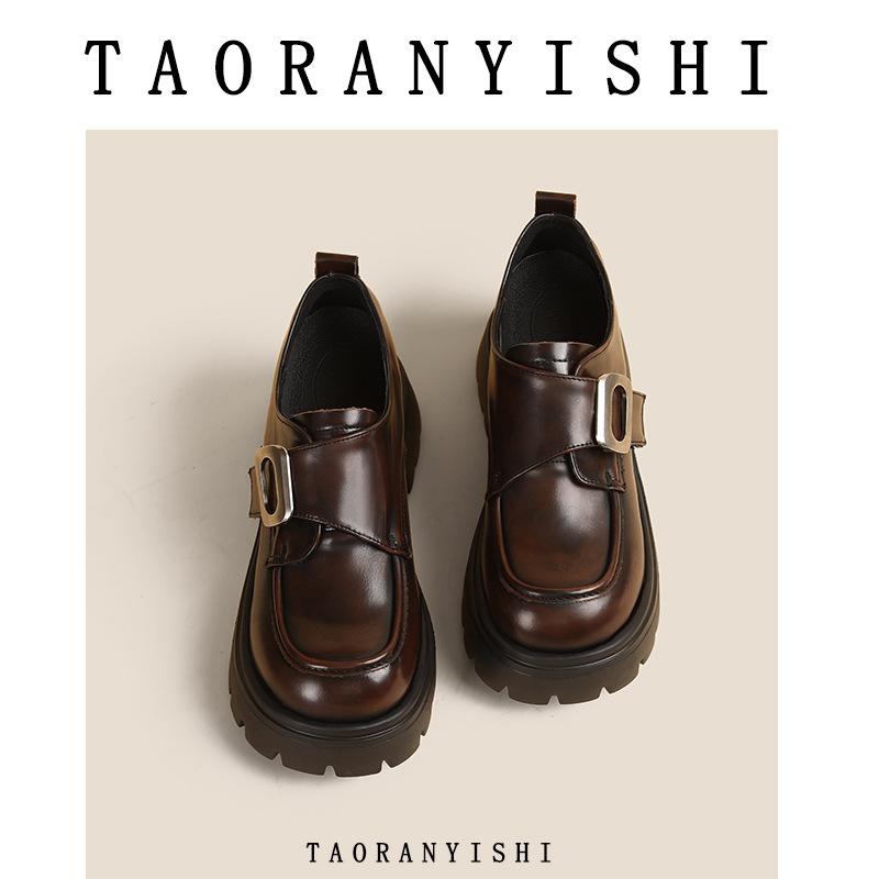 

ОнаII см маленькая круглая пряжка с толстой подошвой-маффином, внутренняя танкетка, лоферы, одинарная обувь, женская маленькая кожаная обувь 39 коричневый