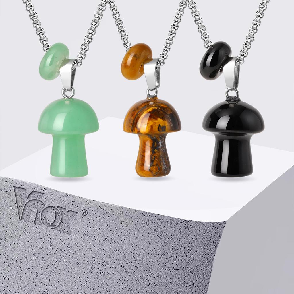 Vnox Natural Stone Mushroom Circle Pendant Necklace, Tiger Eye Black Onyx Stone Stainless Steel Adjustable Chain for Men Women