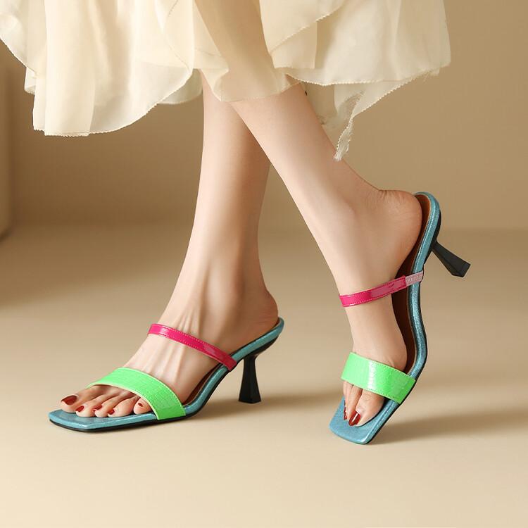 FOREADA Women Pu Leather Sandals Spike High Heels Slippers Open Toe Mixed Colors Party Summer Slides Shoes Green Golden 33-46