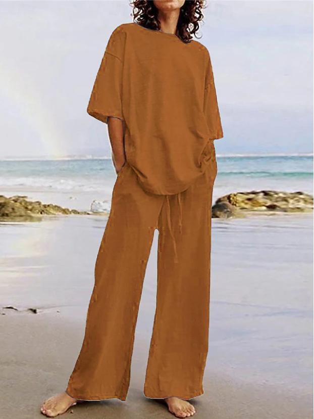 

Elegant Casual Solid Color Two-Piece Set - Round Neck Loose Short Sleeve T-shirt & Pants 3XL