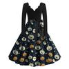 Abito vintage con scollo a V stampato per Halloween, moda casual da donna