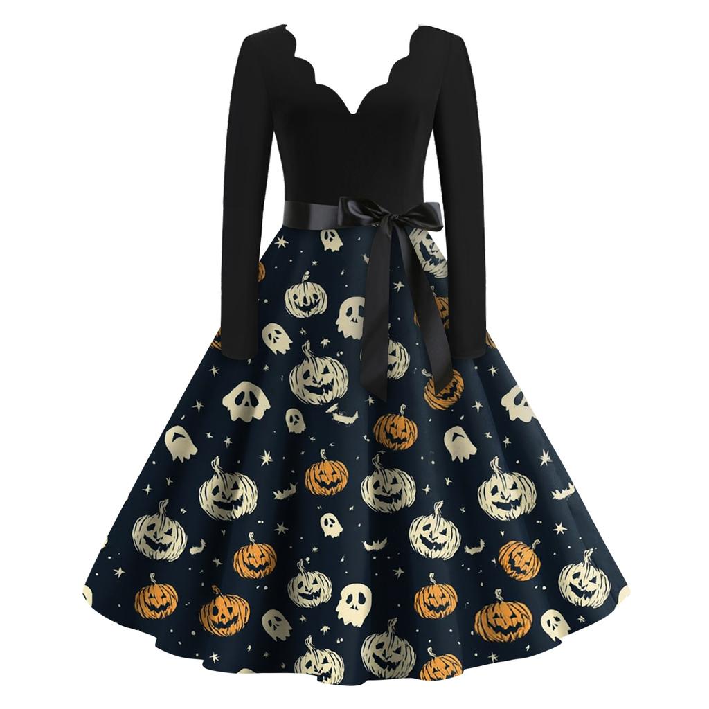 Dámské neformální módní halloweenské šaty vintage s výstřihem do V