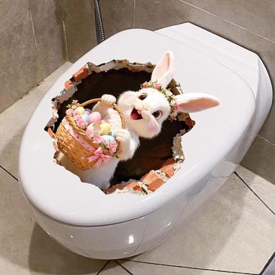 Yousheng Broken Hole Bunny Toilet Sticker Waterproof Self-adhesive PVC Living Room Bathroom Wall Art Egg Flower Rabbit Toilet Seat Lid Decoration