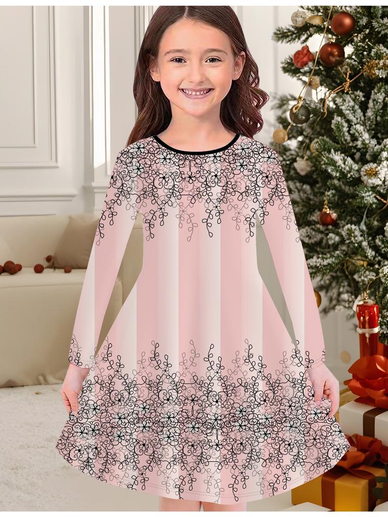 Girls' Autumn and Winter Fashion Dress, 3D Cute Print  Round Neck Long Children's T-shirt Dress, Casual Versatile, Christmas Clothing