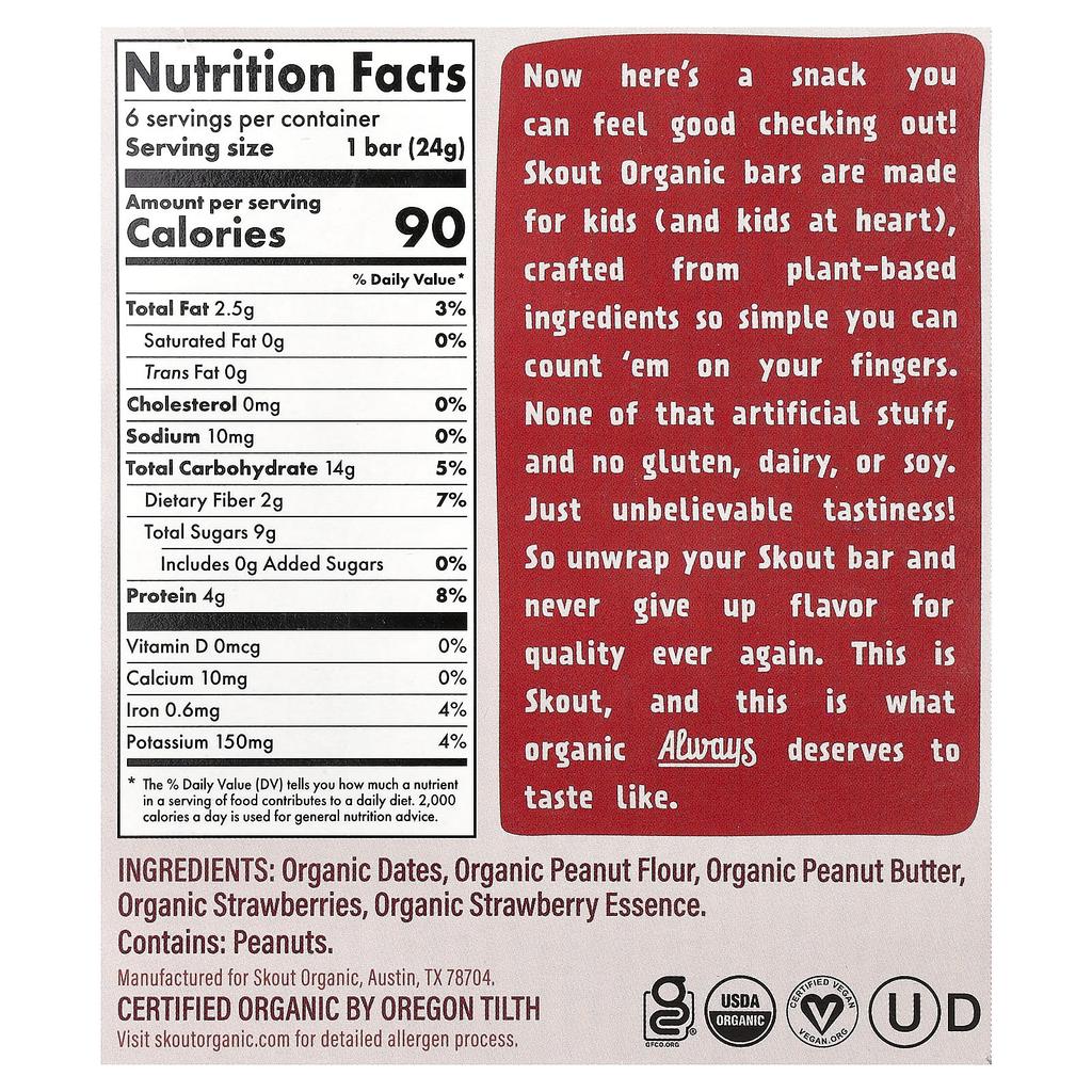 Skout Organic, Kids' Snack Bars, Peanut Butter & Jelly, 6 Bars, 24g (0.85oz) Each