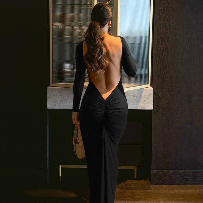Women's Clothing 2025 Autumn and Winter New Fashion Sexy Backless Pleated Slim Long-sleeved Dress Women