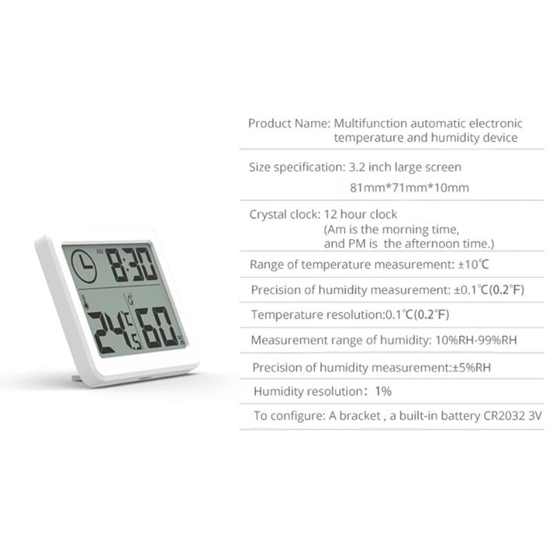 Multifunction Thermometer Hygrometer Automatic Electronic Temperature Humidity Monitor Clock 3.2inch Large LCD Screen