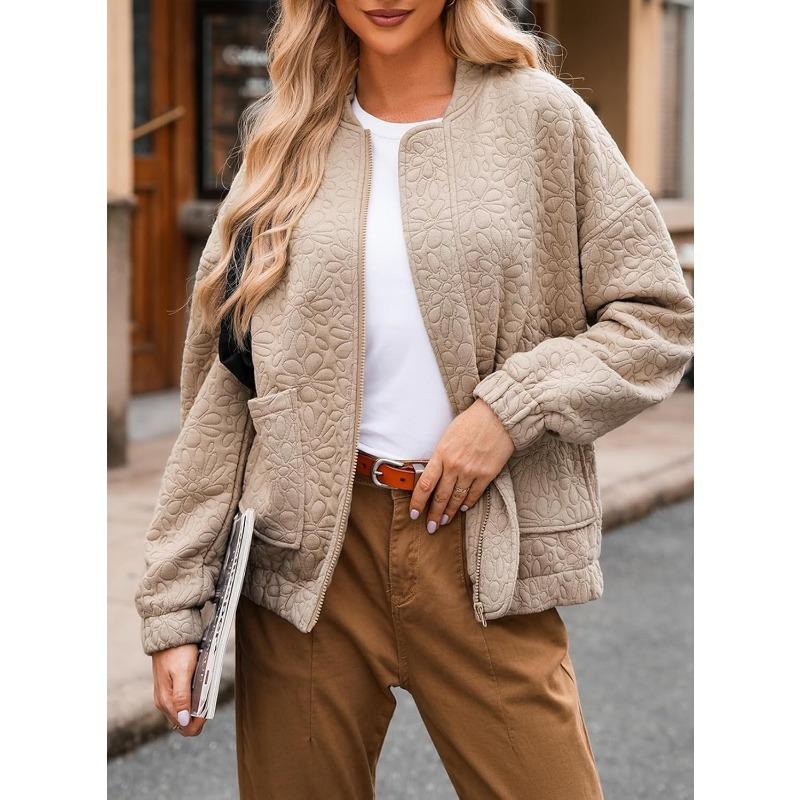 Damen Herbst Winter O-Ausschnitt Langarm Reißverschlussmantel Große Tasche Warmer Parka Schicke Einfarbige Jacke